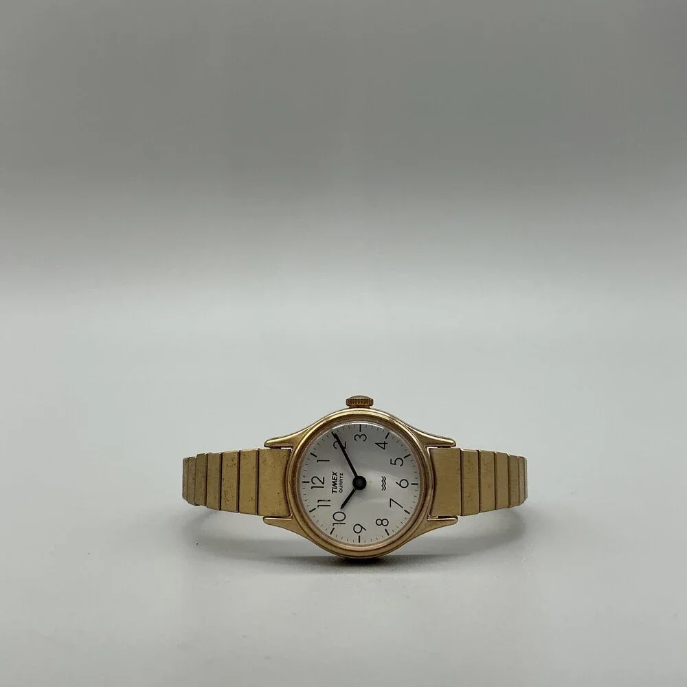 Vintage Timex Womens Watch 21mm White Round Dial Gold Tone Expansion Band